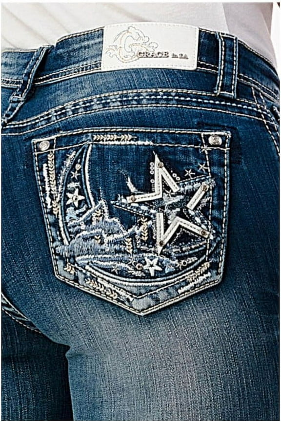Women's Moon Star Embroidered Distressed Bootcut Stretch Jeans (30)