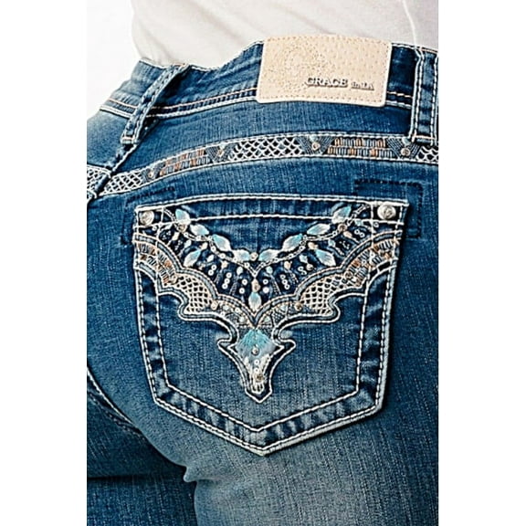 Grace in LA Women's Necklace Embroidered Embellished Pocket Bootcut Stretch Jeans (30)