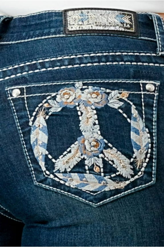 Women's Peace Sign Feather Rose Floral Embroidered Bootcut Jeans (27, Dark Blue)