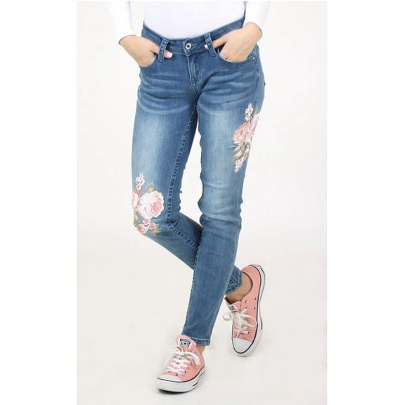 Grace in LA Women's Pink Floral Embroidered Junior Skinny Fit Stretch Jeans (25)
