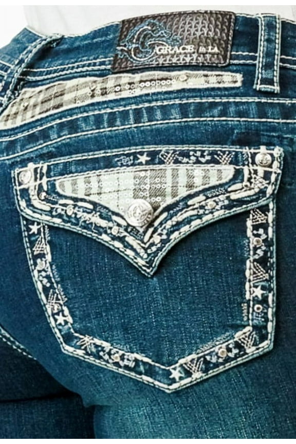 Women's Plaid Faux Flap Pockets Embroidered Stretch Bootcut Jeans (31, Blue)