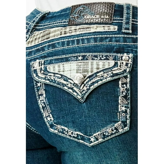 Grace in LA Women's Plaid Faux Flap Pockets Embroidered Stretch Bootcut Jeans (34, Blue)