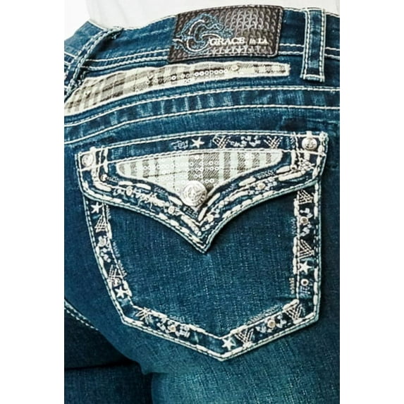 Grace in LA Women's Plaid Faux Flap Pockets Embroidered Stretch Bootcut Jeans (34, Blue)
