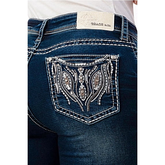 Grace in LA Women's Soft Denim Aztec Rhinestone Embellished Bootcut Stretch Jeans (25, Blue)