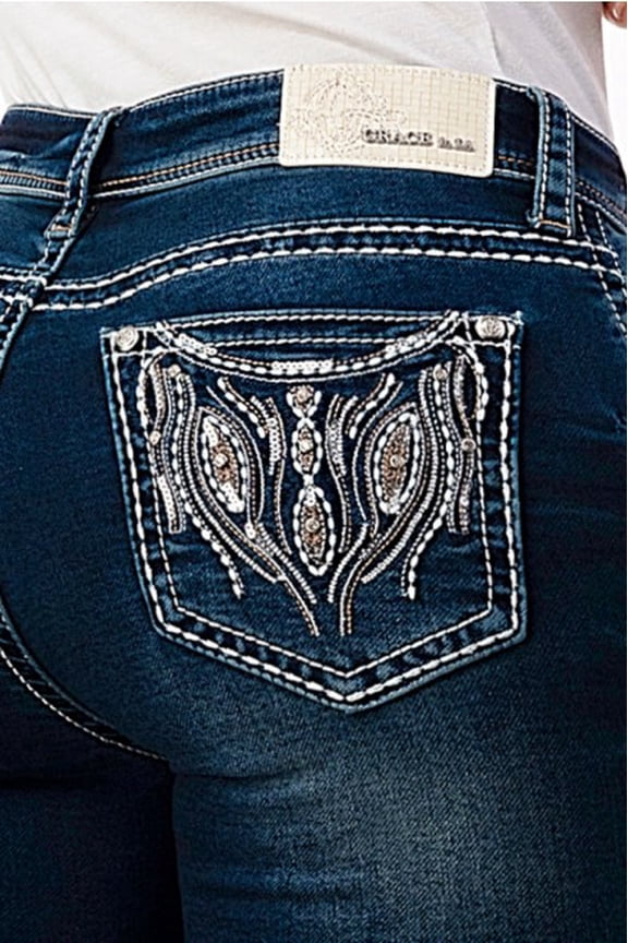 Women's Soft Denim Aztec Rhinestone Embellished Bootcut Stretch Jeans (29, Blue)