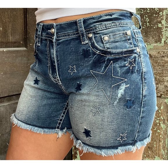 Grace in LA Women's Stars Cut Off Raw Hem Distressed Stretch Denim Jean Shorts (27, Blue)