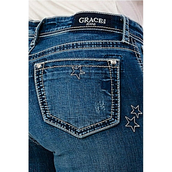 Grace in LA Women's Stars Embroidered Slight Distressed Bootcut Stretch Jeans (27, Blue)