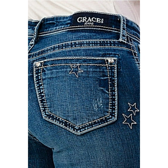 Grace in LA Women's Stars Embroidered Slight Distressed Bootcut Stretch Jeans (28, Blue)