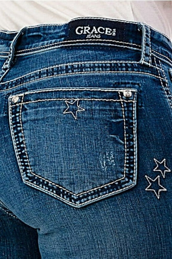 Women's Stars Embroidered Slight Distressed Bootcut Stretch Jeans (28, Blue)