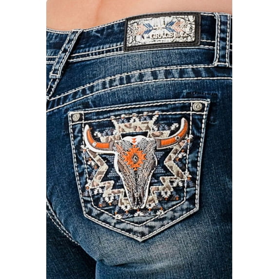 Grace in LA Women's Steer Head Aztec Embellished Bootcut Stretch Jeans (25, Blue Stonewashed)