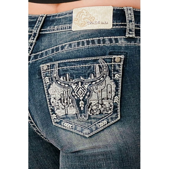 Grace in LA Women's Steer Head Cactus Embellished Bootcut Stretch Jeans (25, Blue Stonewashed)