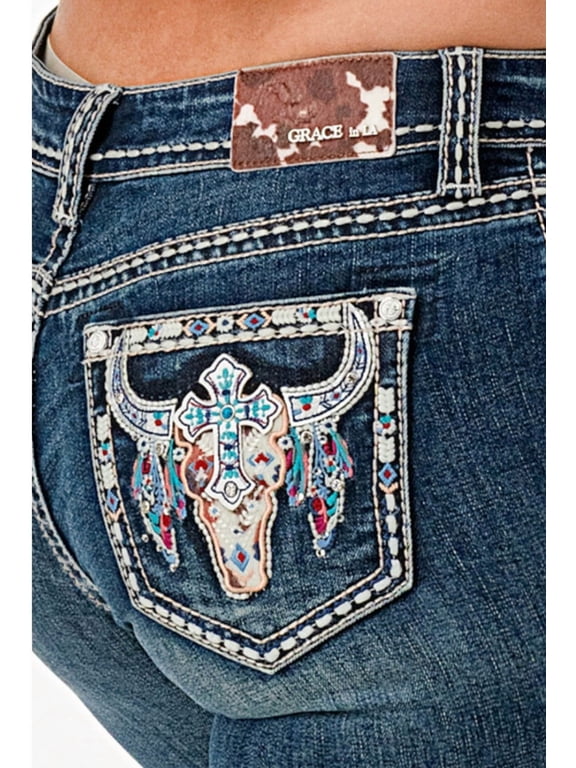 Women's Steer Head Cross Embellished Bootcut Stretch Jeans (28, Blue Stonewashed)
