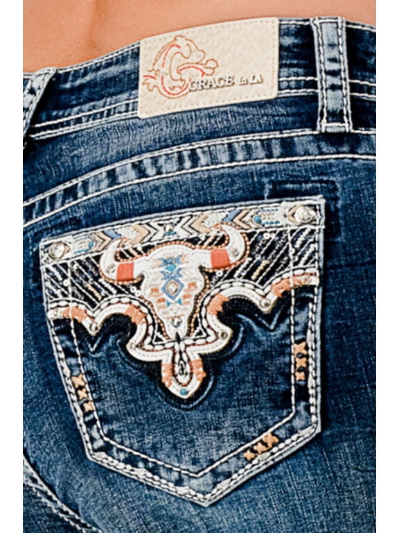 Women's Steer Head Embellished Bootcut Stretch Jeans (33, Blue Stonewashed)