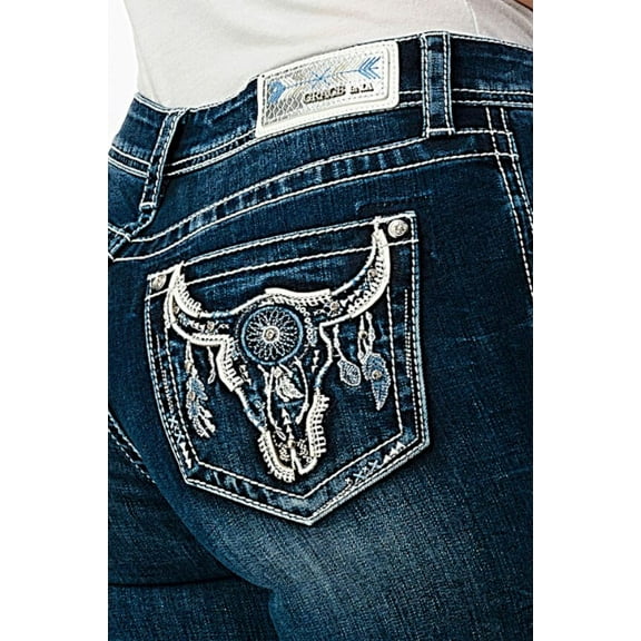 Grace in LA Women's Steerhead Feather Embroidered Pocket Bootcut Stretch Jeans (28, Blue)