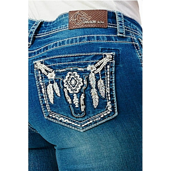 Grace in LA Women's Steerhead Feather Embroidered Pocket Bootcut Stretch Jeans (29, Blue)