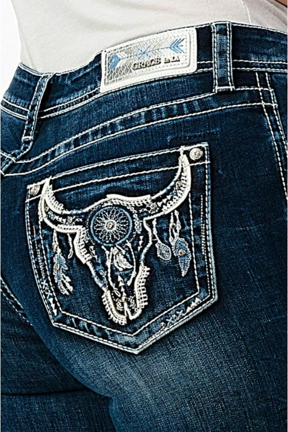 Women's Steerhead Feather Embroidered Pocket Bootcut Stretch Jeans (30, Blue)