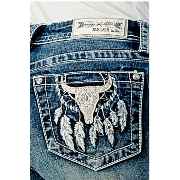 Grace in LA Women's Steerhead Feather Embroidered Pocket Bootcut Stretch Jeans (33, Blue)
