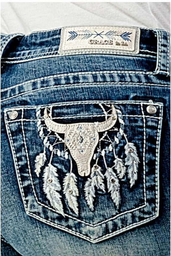 Women's Steerhead Feather Embroidered Pocket Bootcut Stretch Jeans (33, Blue)