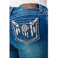 thumbnail image 1 of Grace in LA Women's Steerhead Feather Embroidered Pocket Bootcut Stretch Jeans (33, Blue), 1 of 3