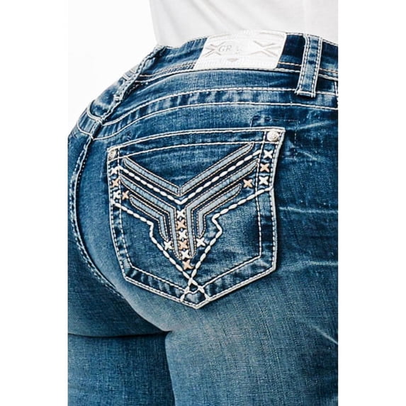 Grace in LA Women's Stone Washed Blue Embroidered Pockets Stretch Bootcut Jeans (25, Blue)