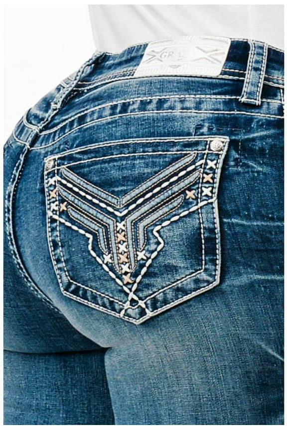 Women's Stone Washed Blue Embroidered Pockets Stretch Bootcut Jeans (29, Blue)