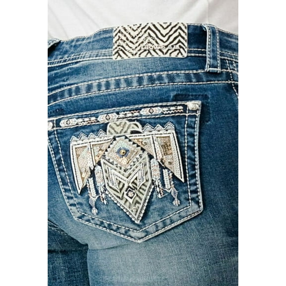 Grace in LA Women's Western Aztec Eagle Embroidered Stretch Bootcut Jeans (25, Blue)