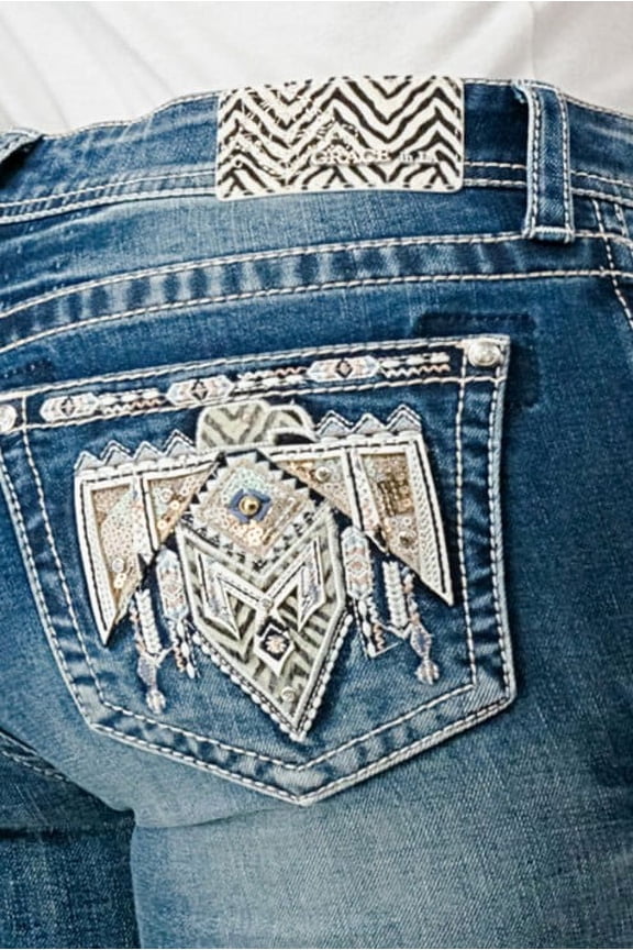 Women's Western Aztec Eagle Embroidered Stretch Bootcut Jeans (33, Blue)
