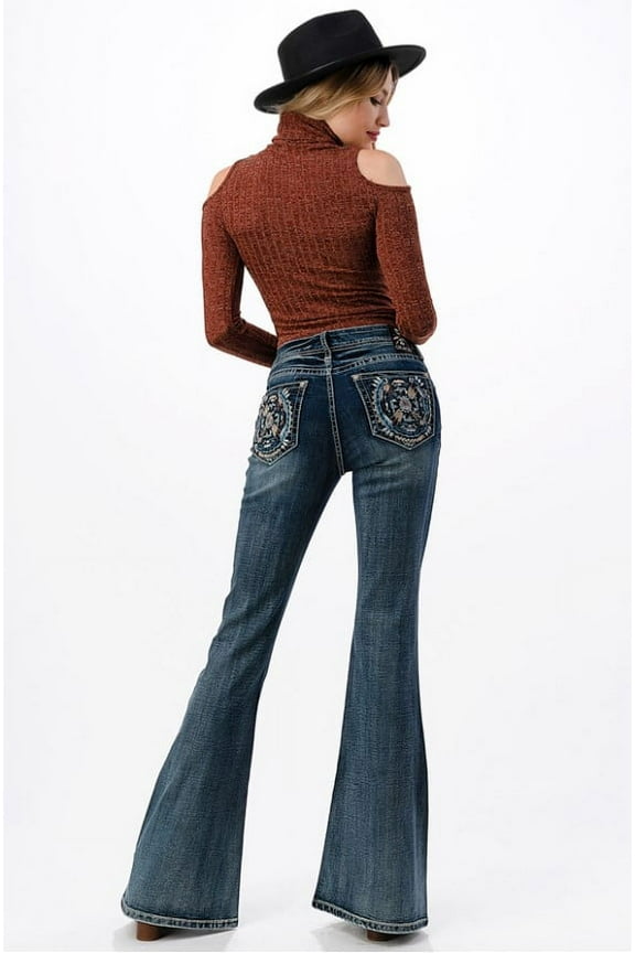 Women's Western Aztec Embroidered Flared Wide Leg Bell Bottom Stretch Jeans (25)