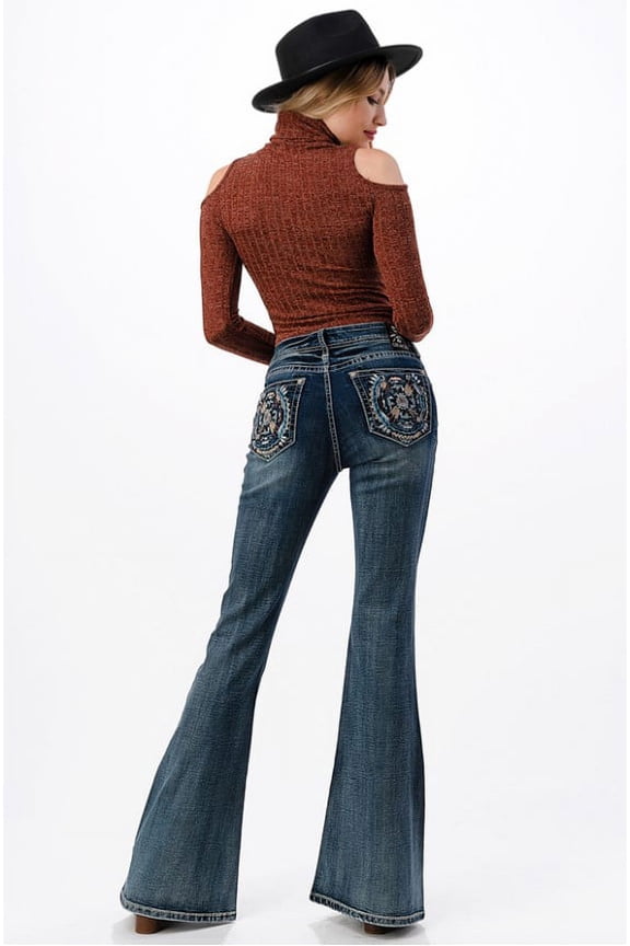 Women's Western Aztec Embroidered Flared Wide Leg Bell Bottom Stretch Jeans (33)