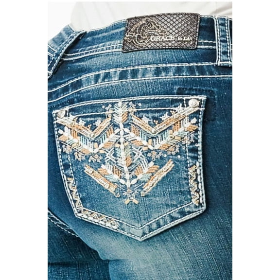 Grace in LA Women's Western Aztec Embroidered Pockets Stretch Bootcut Jeans (25, Blue)
