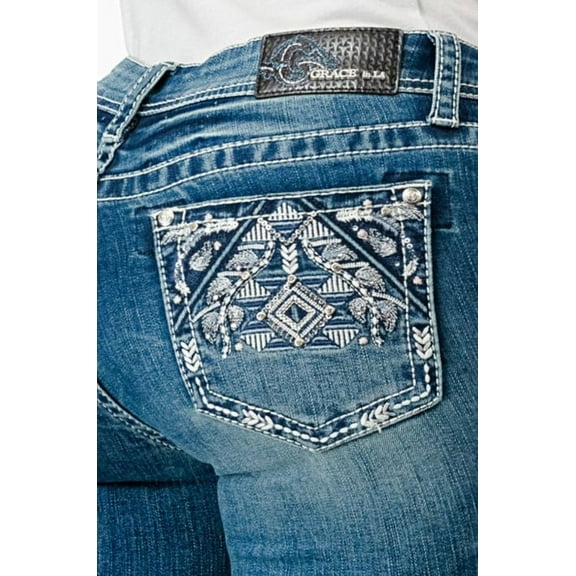 Grace in LA Women's Western Aztec Embroidered Pockets Stretch Bootcut Jeans (25, Blue)