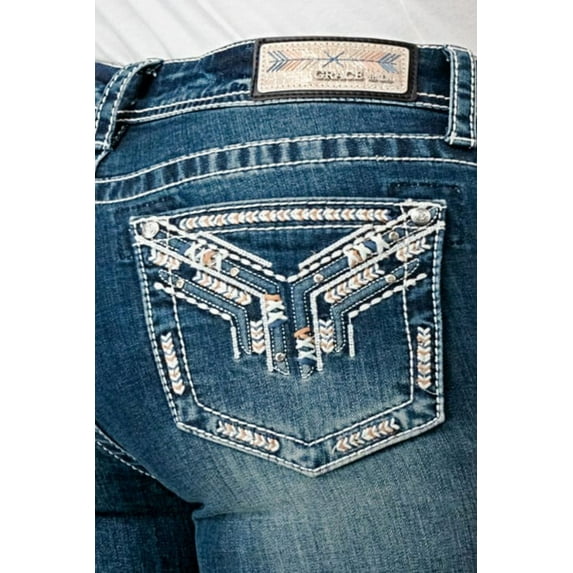Grace in LA Women's Western Aztec Embroidered Pockets Stretch Bootcut Jeans (25, Blue)