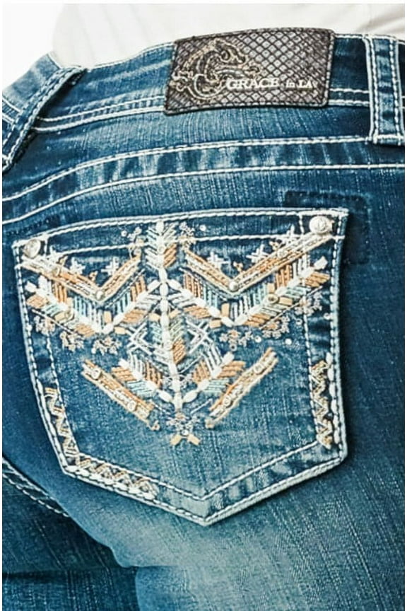 Women's Western Aztec Embroidered Pockets Stretch Bootcut Jeans (26, Blue)