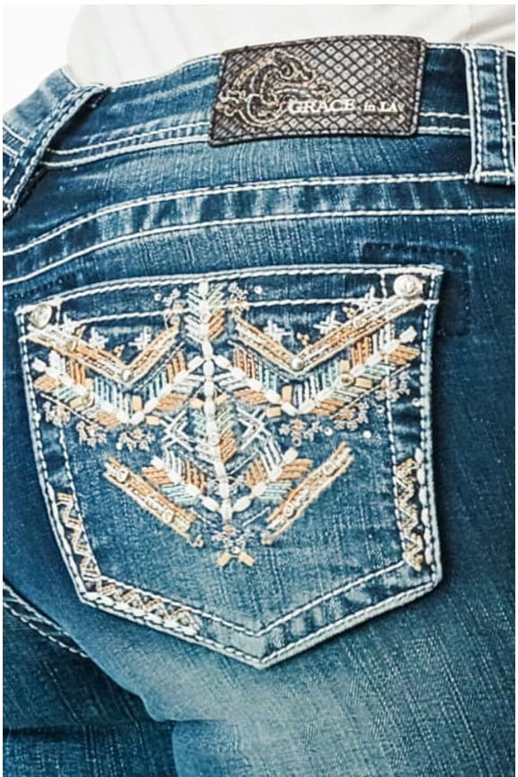 Women's Western Aztec Embroidered Pockets Stretch Bootcut Jeans (27, Blue)