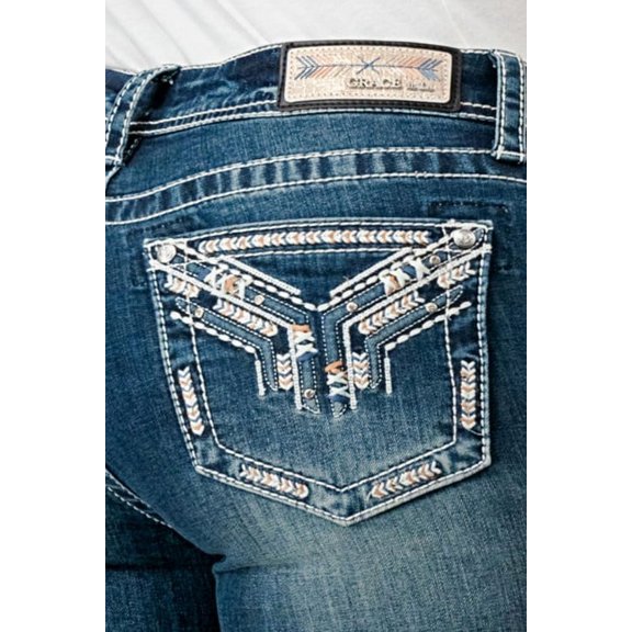 Grace in LA Women's Western Aztec Embroidered Pockets Stretch Bootcut Jeans (29, Blue)