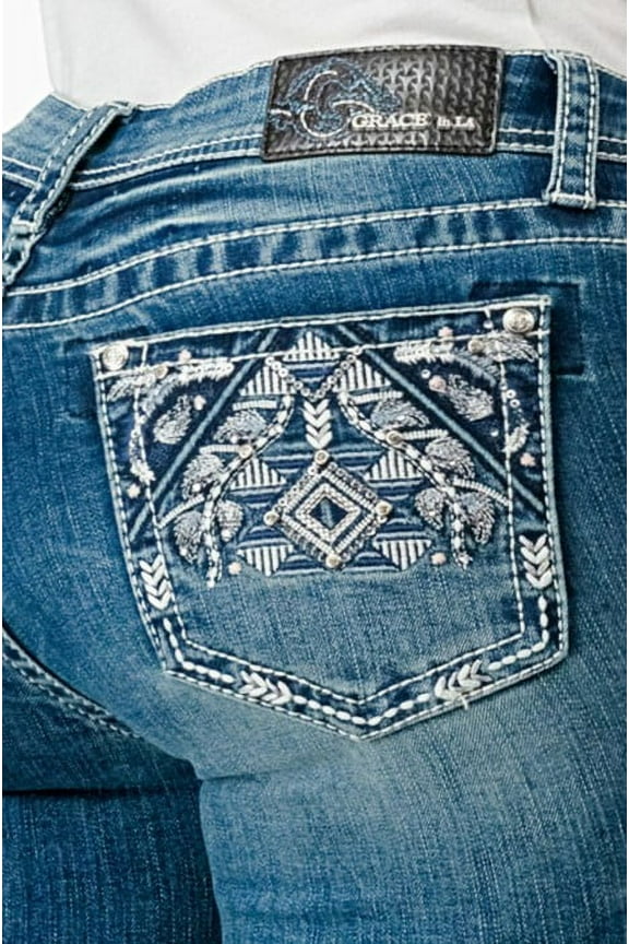Women's Western Aztec Embroidered Pockets Stretch Bootcut Jeans (31, Blue)