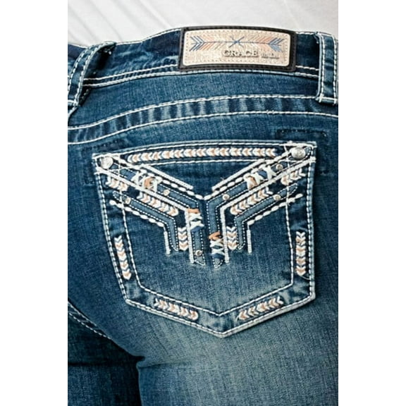 Grace in LA Women's Western Aztec Embroidered Pockets Stretch Bootcut Jeans (34, Blue)