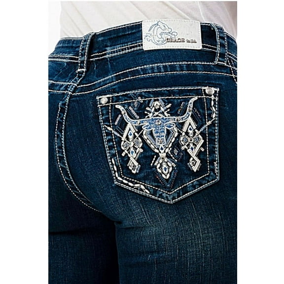 Grace in LA Women's Western Aztec Steer Cow Head Embroidered Bootcut Stretch Jeans (25, Blue)