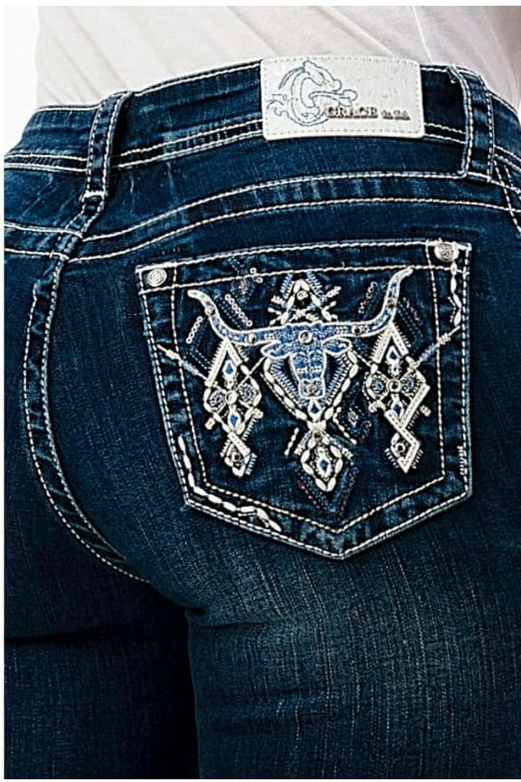 Women's Western Aztec Steer Cow Head Embroidered Bootcut Stretch Jeans (27, Blue)