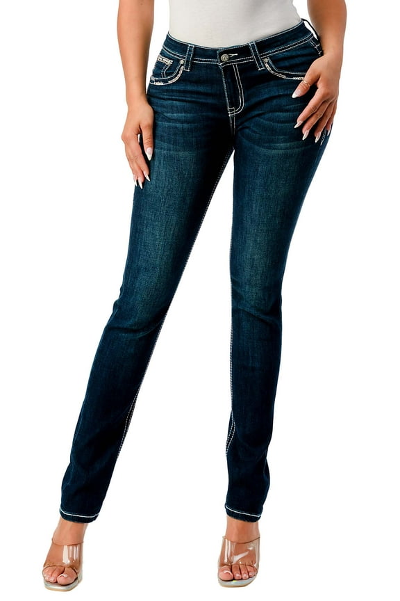 Women's Western Aztec Steerhead Cow Embroidered Stretch Bootcut Jeans (25, Dark Blue)