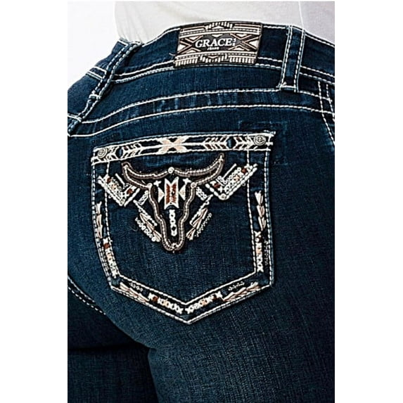 Grace in LA Women's Western Aztec Steerhead Cow Embroidered Stretch Bootcut Jeans (32, Dark Blue)