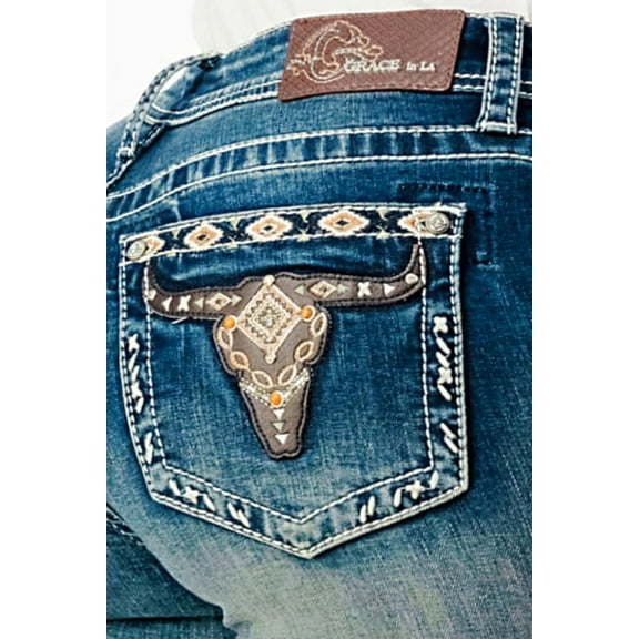 Grace in LA Women's Western Aztec Steerhead Embroidered Bootcut Stretch Jeans (28, Blue Stonewashed)