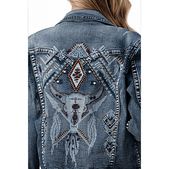 Grace in LA Women's Western Aztec Steerhead Embroidered Stonewashed Denim Jacket (Small, Blue Stonewashed)