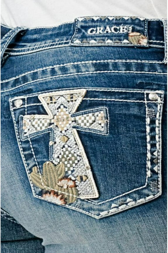 Women's Western Cactus Cross Embroidered Stretch Bootcut Jeans (30, Blue)