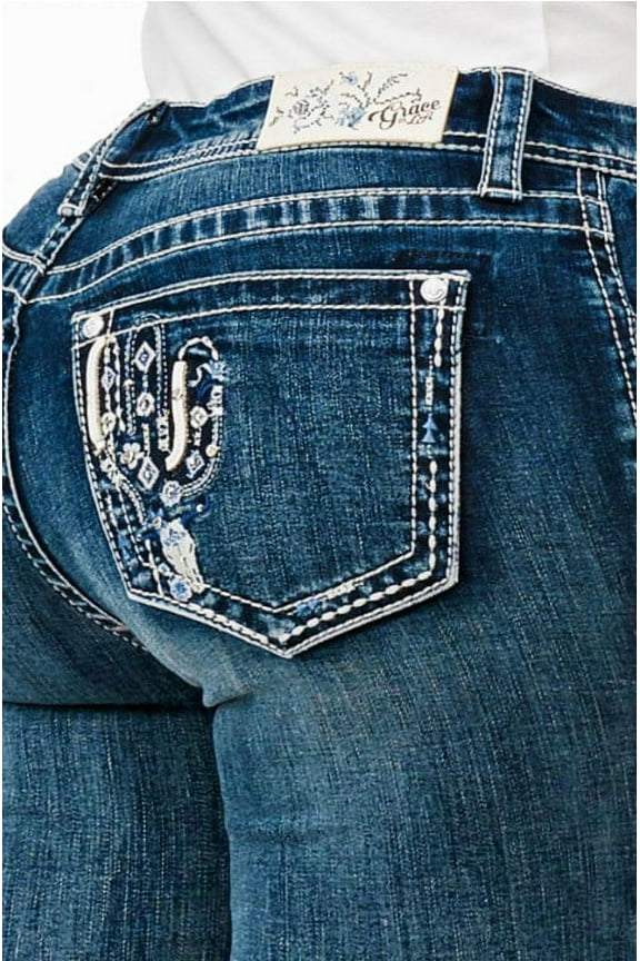 Women's Western Cactus Embroidered Embellished Bootcut Stretch Jeans (25, Blue Stonewashed)