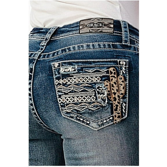 Grace in LA Women's Western Cactus Embroidered Embellished Bootcut Stretch Jeans (25)
