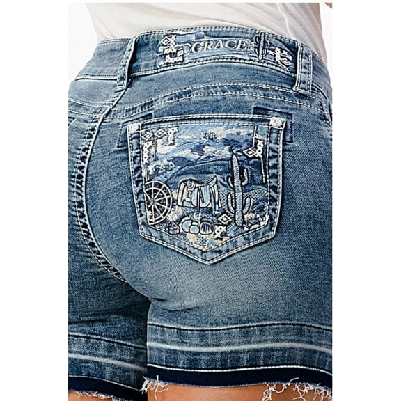 Grace in LA Women's Western Cactus Embroidered Stretch Denim Jean Shorts (26)