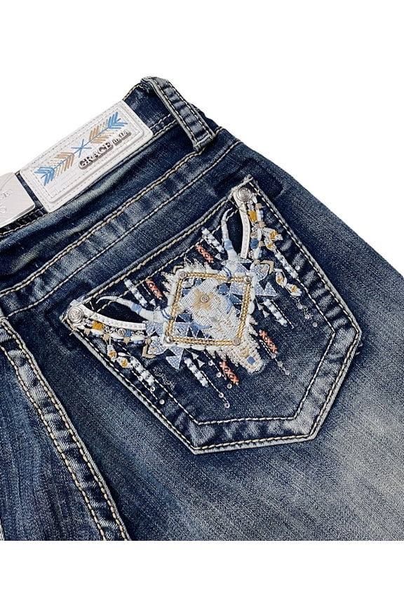 Women's Western Cow Head Crystal Embroidered Bootcut Stretch Jeans (31)
