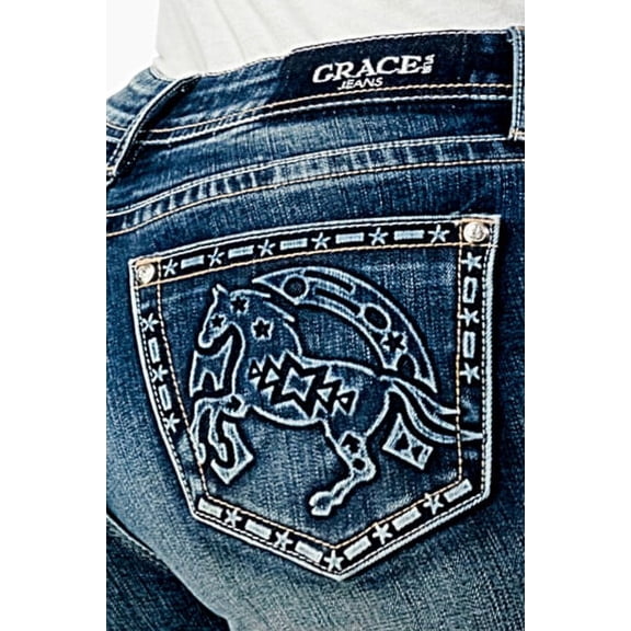 Grace in LA Women's Western Embossed Horse Stars Pocket Bootcut Stretch Jeans (33, Blue)