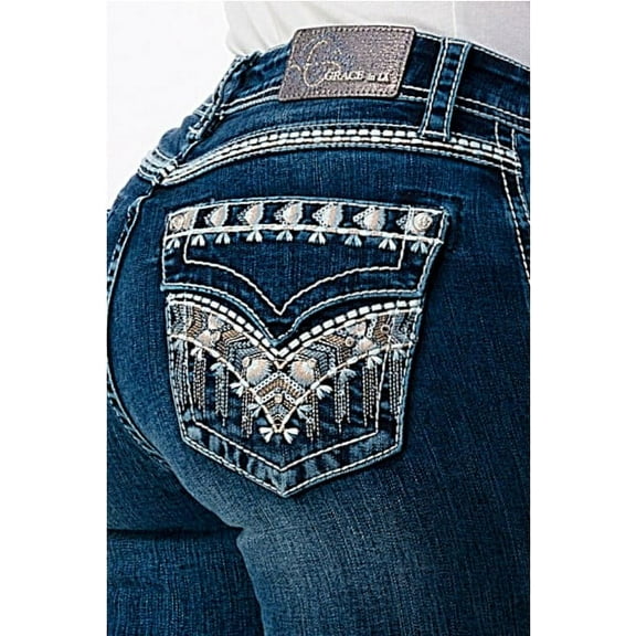 Grace in LA Women's Western Embroidered Faux Flap Pocket Bootcut Stretch Jeans (25, Blue)